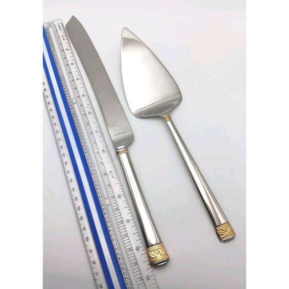 Gorham Festive Holly Gold Accent Knife, Cake Server Set 18/10 Stainless Flatware - Picture 3 of 4